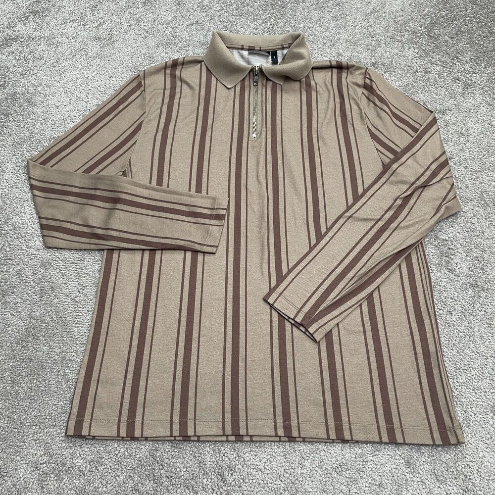 Asos Design 1/4 zip Polo Shirt Mens 2XS Brown Striped Long Sleeve Casual Outdoor